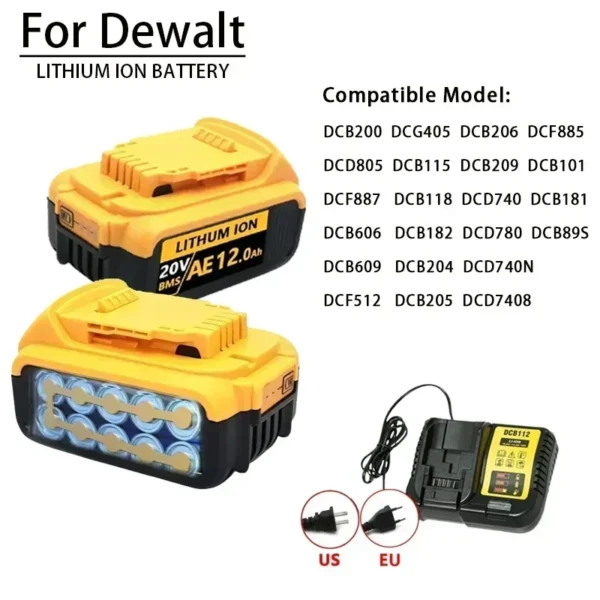 ⁦סוללת ליתיום חילופית DCB200 20V 12.0Ah חדשה עבור Dewalt 18V DCB184 DCB200 DCB182 DCB180 DCB181 DCB182 DCB201 DCB206.⁩ – תמונה ⁦2⁩