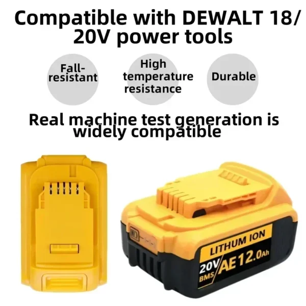 ⁦סוללת ליתיום חילופית DCB200 20V 12.0Ah חדשה עבור Dewalt 18V DCB184 DCB200 DCB182 DCB180 DCB181 DCB182 DCB201 DCB206.⁩ – תמונה ⁦3⁩